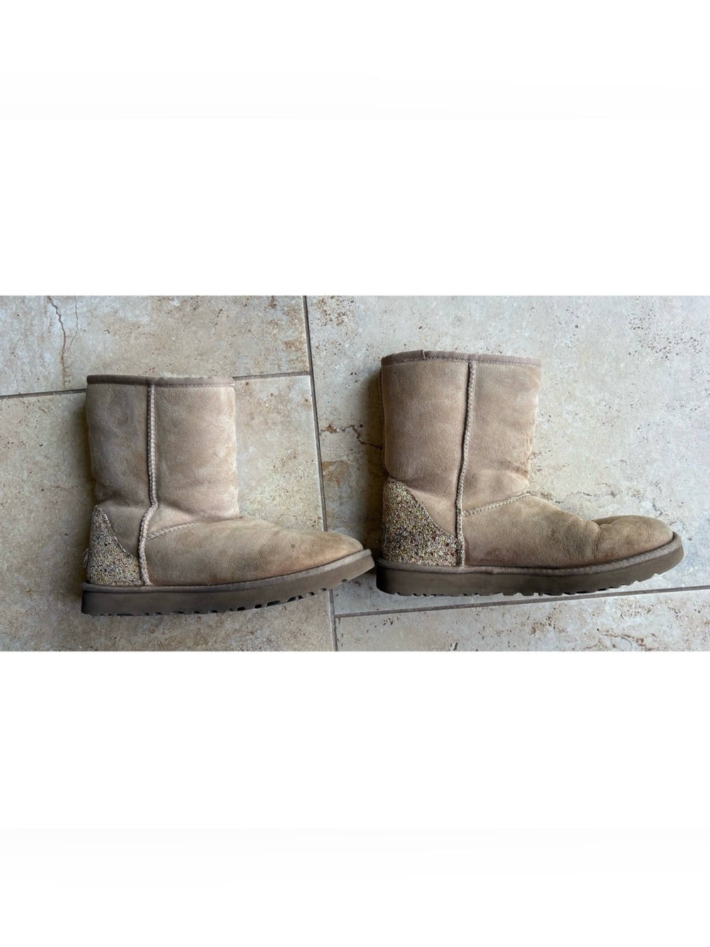 UGG Short Suede Glitter Heel Boots in Light Brown